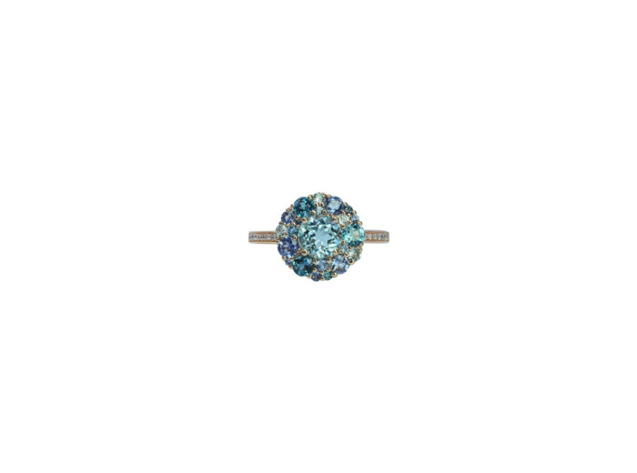 Bague Isabelle Langlois Émotion en or rose, topaze bleue, topaze Bleu London, iolite et diamant
