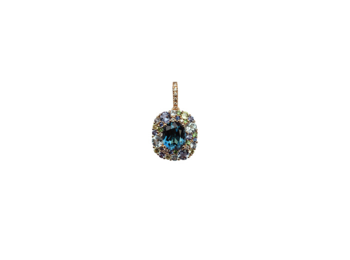Pendentif Isabelle Langlois en or rose, topaze, topaze Bleu london et iolote, tsavorite et diamants