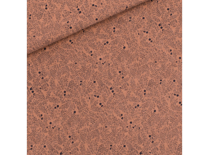 See You at Six - Tissu Mélange Lin et Viscose Imprimé “Season Greenings” sur le fond Brun Cuivre