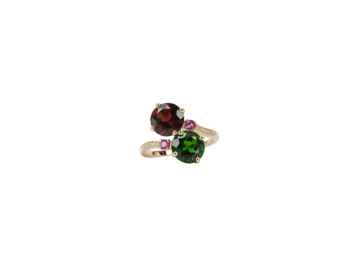 Bague Isabelle Langlois Toi et Moi en or rose, grenat, diopside, saphir rose et diamant