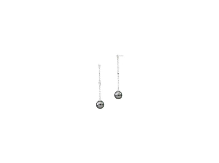 Boucles d'oreilles pendantes Iza B Epure en argent rhodié, diamants et perles de Tahiti