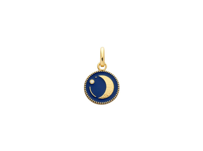Médaille Arthus Bertrand Ma Mini Médaille, Lune bleu marine en or jaune satiné et diamant, 10mm
