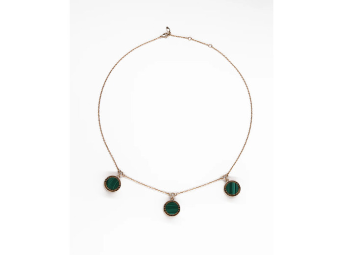 Collier - Chaîne forçat ronde - 3 coeurs - Grand - Malachite Vert