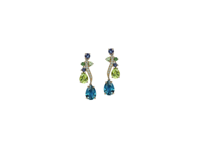 Boucles d'oreilles Isabelle Langlois Eden en or rose, topaze Bleu London, péridot et iolite
