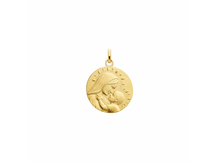 Médaille Arthus Bertrand Vierge à l'enfant perlée en or jaune sablée, 18mm