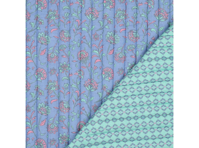 Poppy - Double Gaze Matelassée Réversible – Motif Floral Bleu Lavande & Envers Turquoise