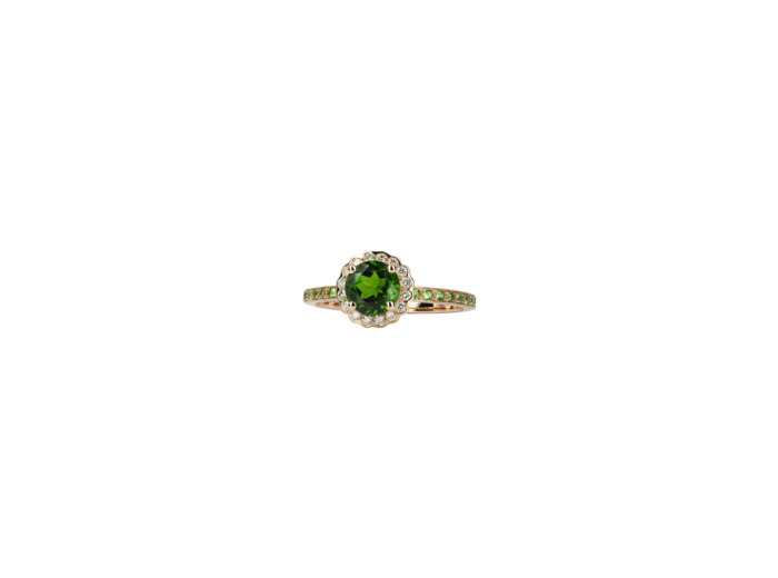 Bague Isabelle Langlois Princesse Mathilde en or rose, diopside, diamant et tsavorite