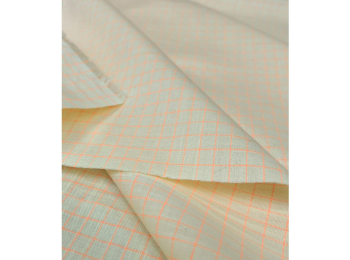 Singulière par Cousette - Tissu Coton Imprimé "Koy" Carreaux Orange Fluo sur le Fond Jaune Pale