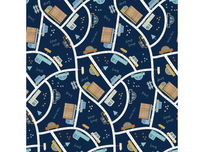 Poppy - Tissu Popeline de Coton Imprimé La Route "Traffic Cars" sur le Fond Bleu Marine