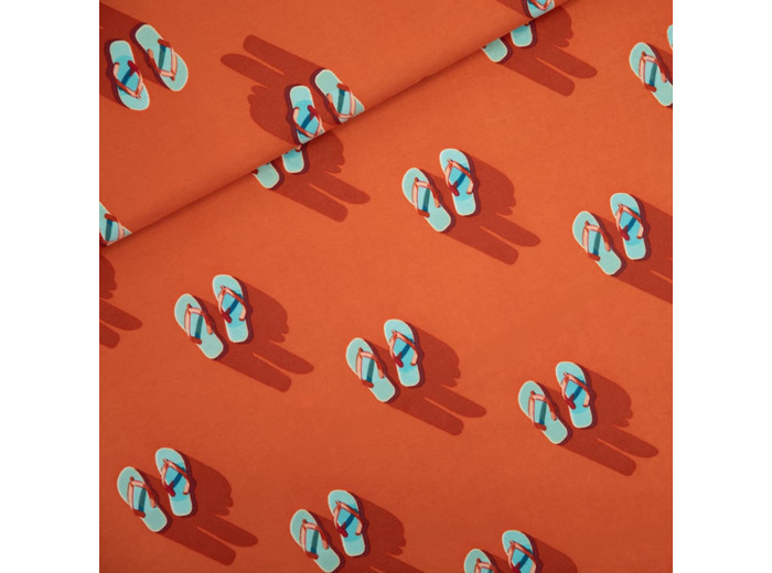 See You at Six - Tissu French Terry de Coton Imprimé "Flip Flops" sur le Fond Rouge Puffin Bill