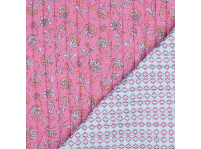 Poppy - Tissu Double Gaze Matelassé Réversible Imprimée - Motif Floral Sur Fond Rose