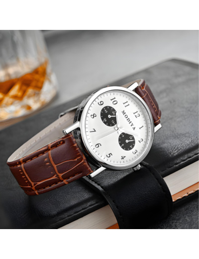 Montre à Quartz pour Hommes Modiya Bracelet en Cuir avec Petits Cadrans Blanc Marron