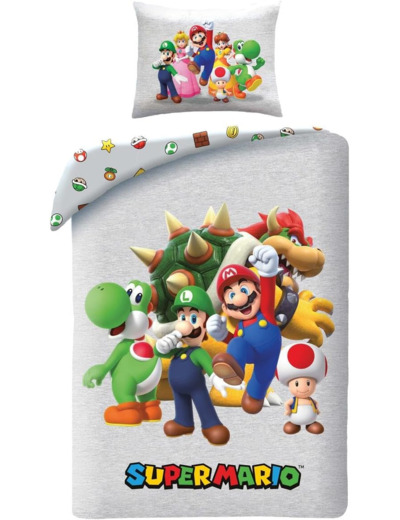 [LITERIE] MARIO - Parure de Lit Super Mario Réversible, Housse de Couette 140x200 cm et Taie d'oreiller