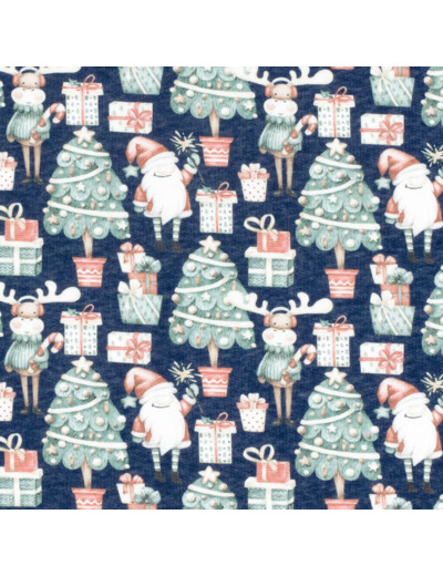 Sélection Coup de Coudre - Tissu Jersey Sweat de Coton Gratté à Motif Sapins de Noël sur le Fond Bleu
