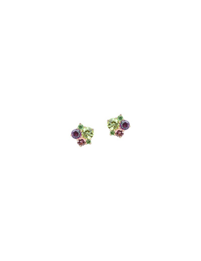 Boucles d'oreilles Isabelle Langlois en or rose, péridots, rhodolites et tourmalines et tsavorites