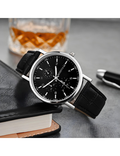 Montre à Quartz pour Hommes Modiya Bracelet en Cuir PU avec 3 Petits Cadrans Noir