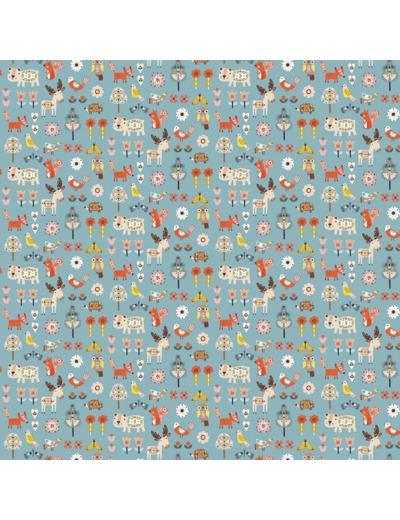 Dashwood Studio - Tissu Popeline de Coton Imprimé Animaux de la Forêt "Nordiska" sur le Fond Gris