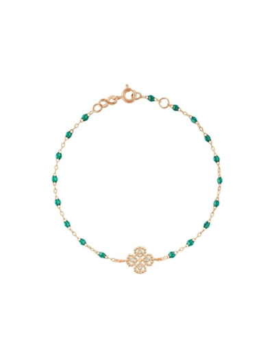 Bracelet Gigi Clozeau Lucky Trèfle en or rose, diamants et résine émeraude, taille 17cm