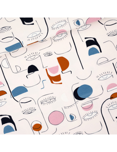 See You at Six - Tissu French Terry de Coton Imprimé "Villagers" sur le Fond Légèrement Beige