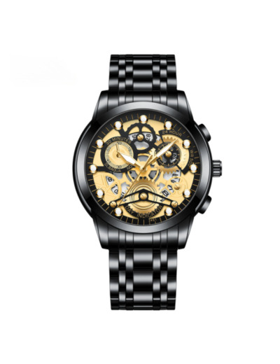 Montre Homme Lumineux Étanche en Acier Inoxydable 2451JH - Noir Or