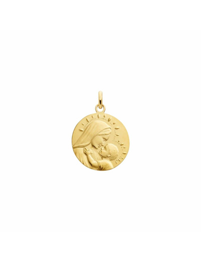Médaille Arthus Bertrand Vierge à l'enfant perlée en or jaune sablée, 18mm
