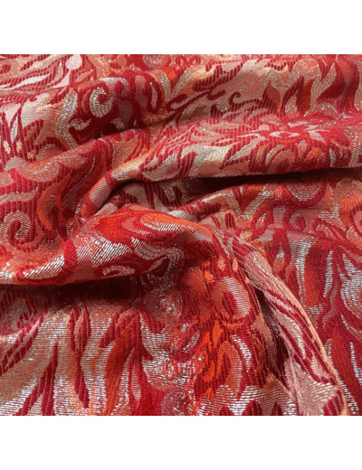 Sélection Coup de Coudre - Tissu Brocart Rouge et Argenté en Laine Mélangé à Motif Grosses Fleurs Tapisseries - Coupon