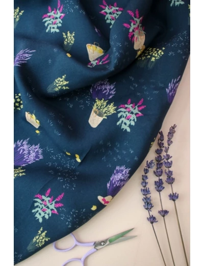 Lise Tailor - Tissu Popeline de Viscose Imprimé "Paniers" Marine - coupon 3 m