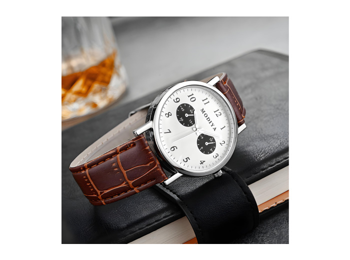 Montre à Quartz pour Hommes Modiya Bracelet en Cuir avec Petits Cadrans Blanc Marron