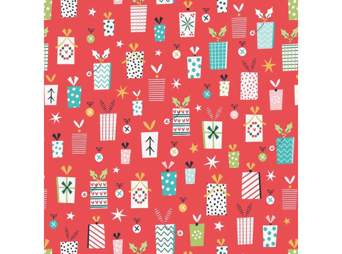 Dashwood Studio - Tissu Popeline de Coton Imprimé Paquets Cadeaux "Forest Friends" sur le Fond Rouge