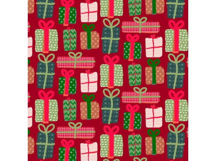 Sélection Coup de coudre - Tissu Popeline de Coton Imprimé Paquets Cadeaux "Christmas Miniatures" sur le Fond Bordeaux