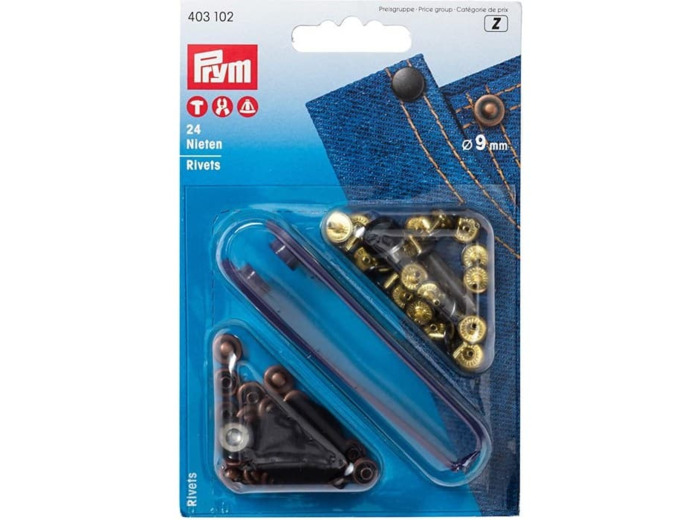 Prym - Boite 24 Rivets Coloris Bronze et Cuivre avec Outil de Pose (9 mm)