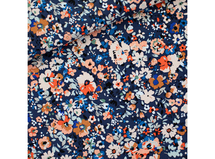 See You at Six - Tissu Toile de Coton Gabardine Imprimé "Flower Joy" sur le fond Bleu Océana