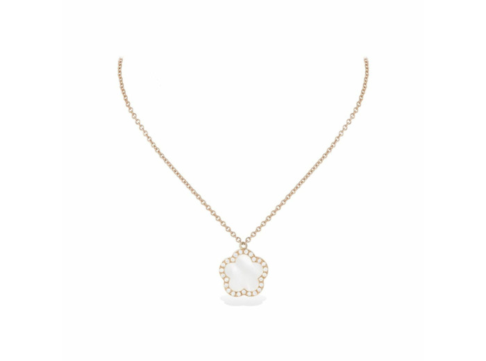Collier Cesare Pompanon Fiore di Mamma entourage diamants petit modèle en or rose et nacre blanche