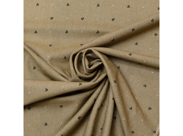 Sélection Coup de coudre - Tissu Toile de Coton Rustique Imprimé Petits Feuilles sur le Fond Beige