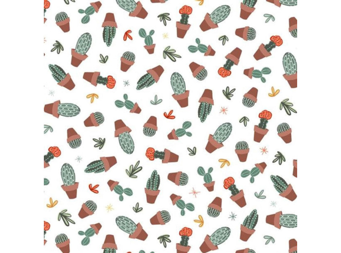 Michael Miller - Tissu Popeline de Coton Imprimé Cactus en Pots "Looking Sharp" sur le Fond Blanc