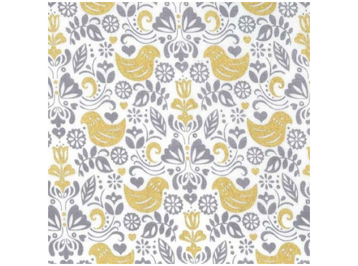 Michael Miller - Tissu Popeline de Coton Imprimé Oiseaux Dorés "Bird Buddies" sur le Fond Blanc Cassé