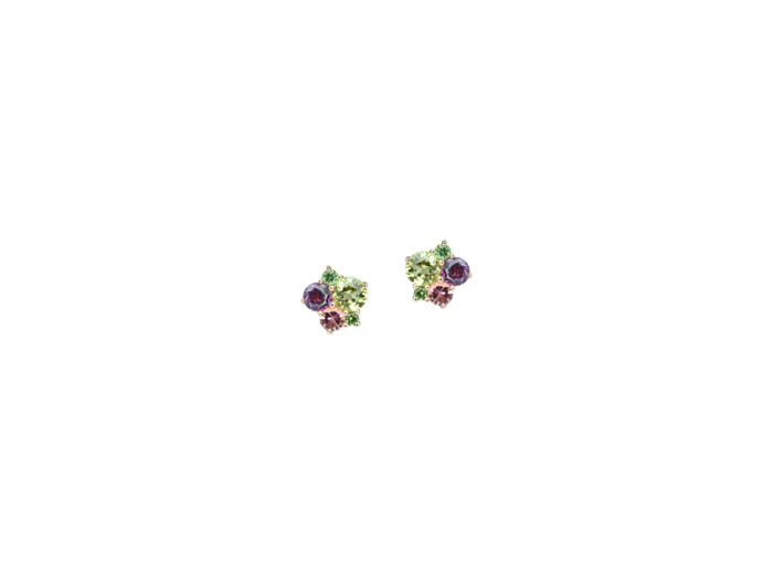 Boucles d'oreilles Isabelle Langlois en or rose, péridots, rhodolites et tourmalines et tsavorites