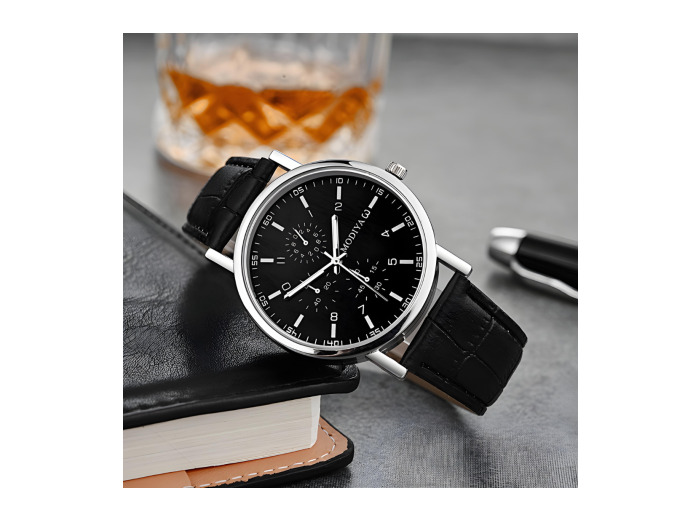 Montre à Quartz pour Hommes Modiya Bracelet en Cuir PU avec 3 Petits Cadrans Noir