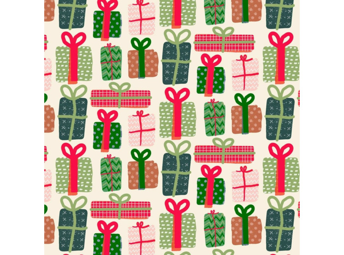 Sélection Coup de coudre - Tissu Popeline de Coton Imprimé Paquets Cadeaux "Christmas Miniatures" sur le Fond Blanc Crème