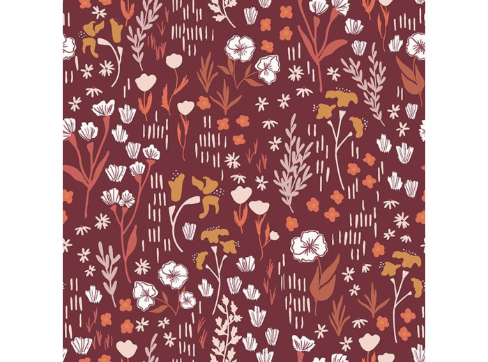 Cotton+Steel Fabrics - Tissu Popeline de Viscose Imprimé Fleurs de Champs "Dear Isla" sur le Fond Bordeaux - coupon 3,5 m