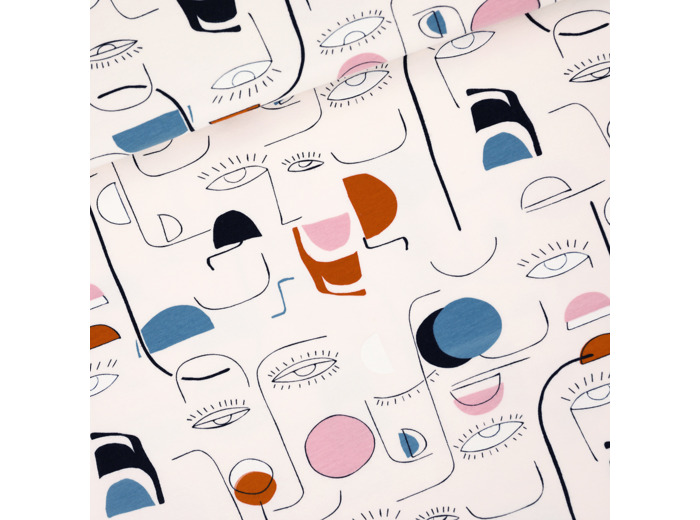 See You at Six - Tissu French Terry de Coton Imprimé "Villagers" sur le Fond Légèrement Beige