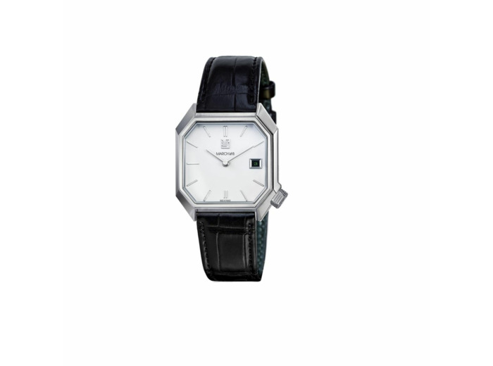 Montre March LA.B MANSART AUTOMATIQUE 34 MM - WHITE DATE - Alligator Noir Grandes Ecailles