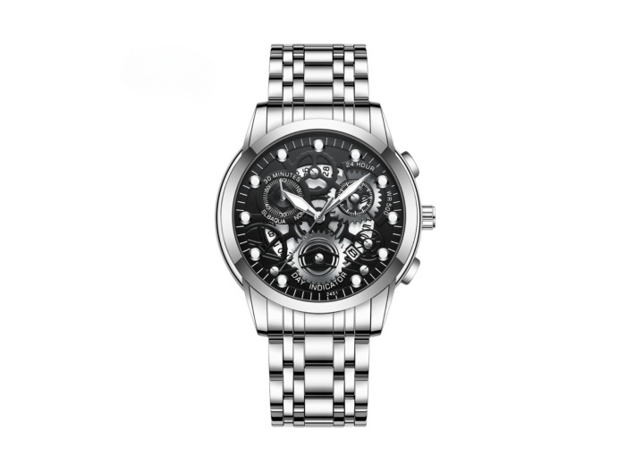 Montre Homme Lumineux Étanche en Acier Inoxydable 2451HY - Argent Noir