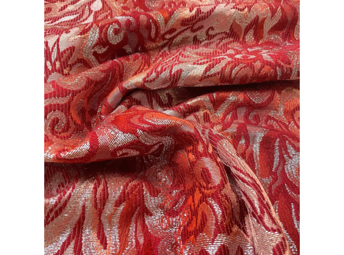Sélection Coup de Coudre - Tissu Brocart Rouge et Argenté en Laine Mélangé à Motif Grosses Fleurs Tapisseries - Coupon 1,5 m