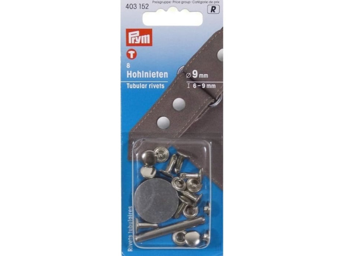 Prym - Boite 8 Rivets Tubulaires Coloris Argent avec Outil de Perçage (9 mm)