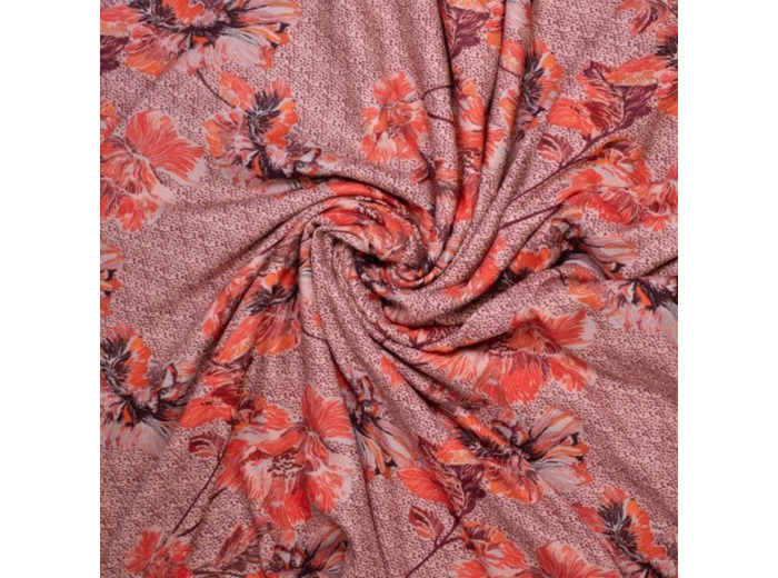 Sélection Coup de coudre - Tissu Crêpe de Viscose Imprimé Gros Fleurs sur le Fond Rose - coupon 3m