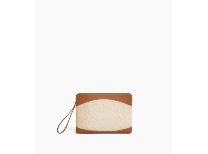 Pochette zippée en toile coton et cuir grainé