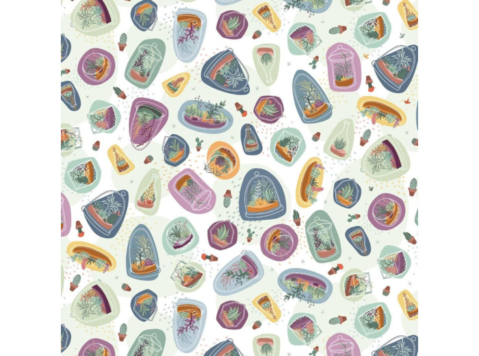 Michael Miller - Tissu Popeline de Coton Imprimé Cactus dans de Bocaux "Succulent City" sur le Fond Blanc