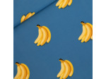 See You at Six - Tissu French Terry de Coton Imprimé "Bananas" sur le Fond Bleu Mer du Belise