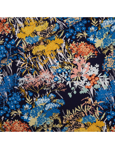 See You at Six - Tissu Toile de Coton Gabardine Imprimé "Wild Flowers" sur le fond Bleu du Soir